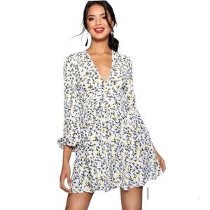 Boohoo Evella Ruched Waist Floral Tea Dress Ivory Size 8